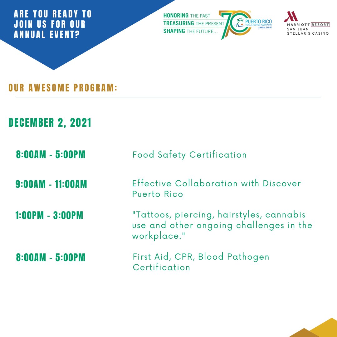 prhta's tweet photo. The schedule for PRHTA’s Annual Event at the San Juan Marriott Resort and Stellaris Casino is out!
Contact us at 787-640-7055 for tickets and details.
#PRHTA #ComunidadPRHTA #PRHTACommunity #BeAPRHTAMember #PowerInNumbers #MembershipPerks #PRHTASynergy https://t.co/9k1JGHLYKO