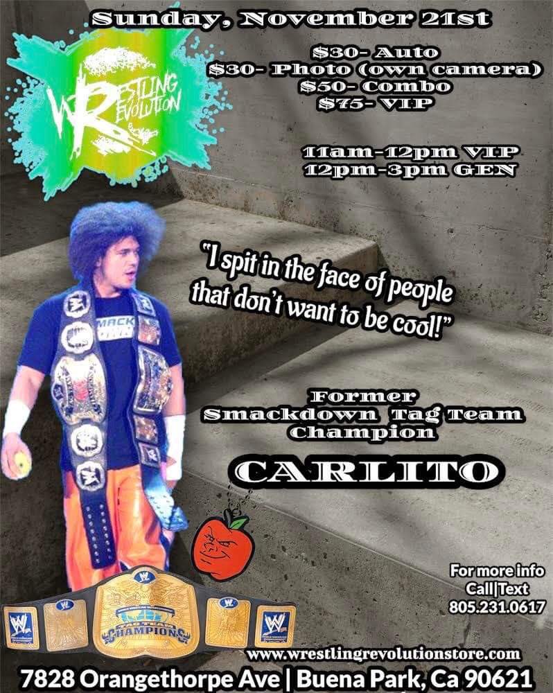 WrestRevStore's tweet photo. WRS presents @litocolon279 coming to Buena Park, CA on 11/21 from 11am-3pm.  Meet former WWE Superstar Carlito. He will be signing autographs.

If you can not attend in person, I will be taking orders.  Please DM me.

#wwe #wweraw #wwesmackdown #wwenxt #wweuniverse #wwedivas #roh https://t.co/jroEJvBYhf