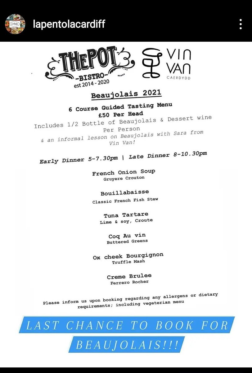 We have had a few last minute cancellations  for tomorrow's Beaujolais 
If you wana start your weekend early &amp; tucking into some delicious FRENCH food &amp; wine give us a call 📞 02920 611204 
Or email us
Its going to be a great night (&amp; possibly one of the last big events we do