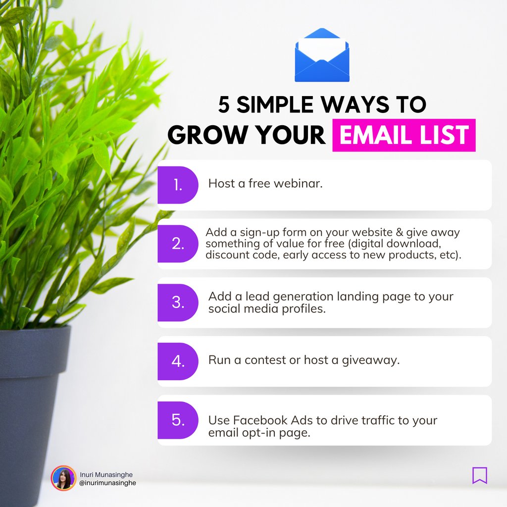 Thinking about growing your email list?

Here are 5 simple ways that I use to grow my list.

#listbuildingtips #emailmarketingtips #onlineentrepreneur