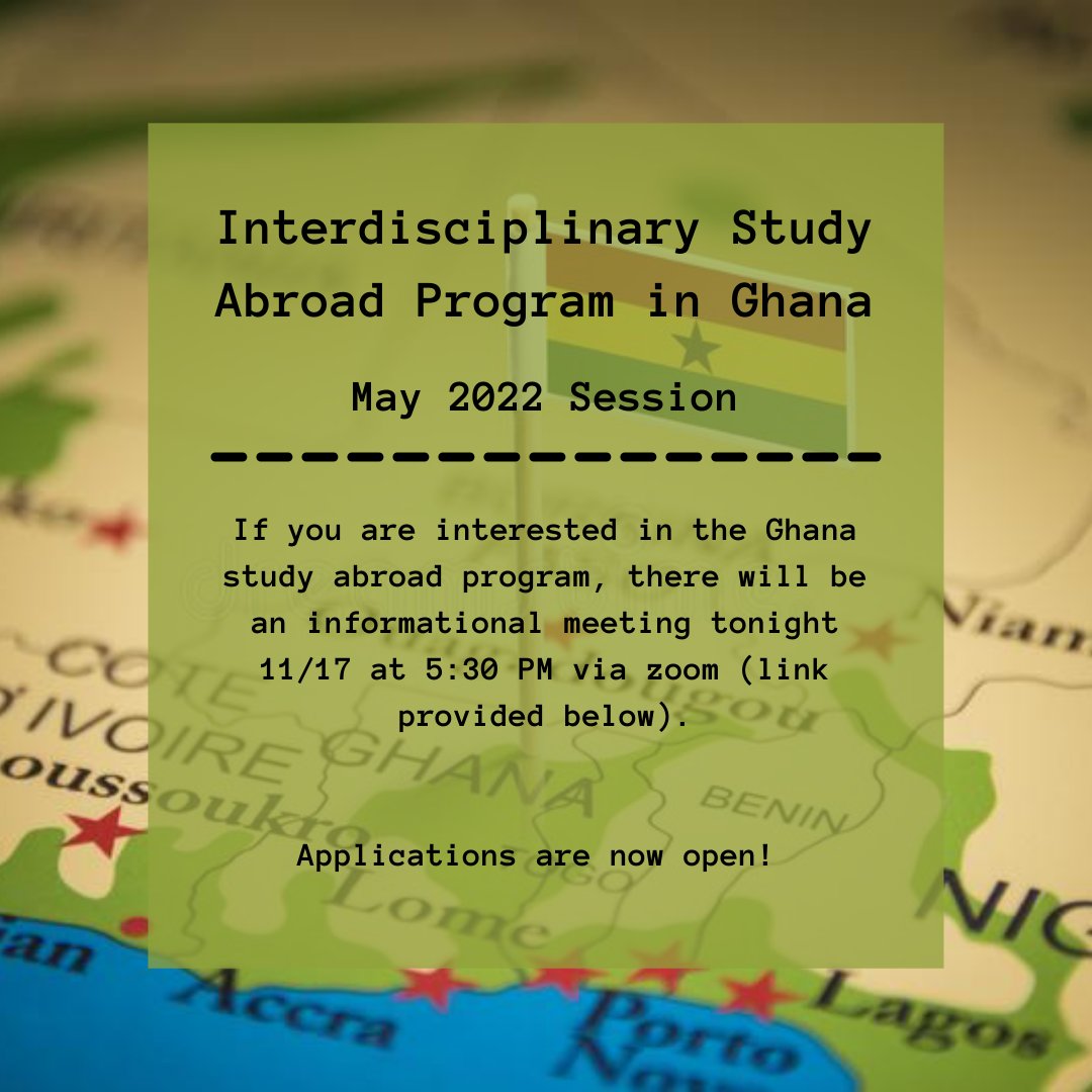 UGAglobalSW's tweet photo. Interested in studying abroad in Ghana? There will be an informational meeting tonight at 5:30 via Zoom. Come with enthusiasm and questions! 

Meeting ID: 912 4236 3944 https://t.co/cg51fBP3cK