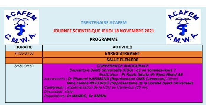 Dr_Adidja_AMANI's tweet photo. Les Journées scientifiques de l'Association #Camerounaise des Femmes #Medecins #ACAFEM commence demain 18 Novembre à 8h30 à la salle des banquets de la Croix-Rouge, où je serai rapporteur pour la conférence inaugurale sur la Couverture Santé Universelle #CSU
Venez nombreux ! https://t.co/5CyHhuKYAS
