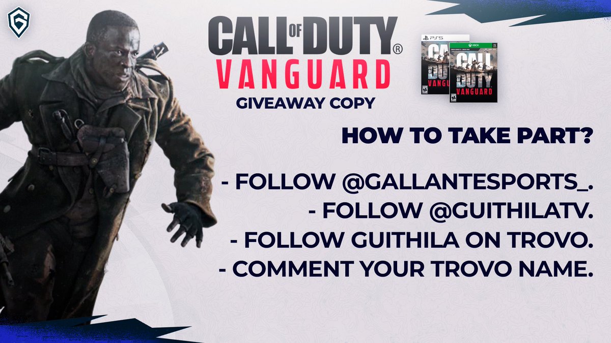 guithilaTV's tweet photo. To thank you for all your support, I am organizing with the help of @GallantEsports_ a giveaway to win Call of duty Vanguard : 

Follow @GallantEsports_  
             @guithilaTV 
And follow me on my Trovo Channel :  
https://t.co/agpKohQ2I1

The draw will take place Friday ! https://t.co/wCwXVIh8oN