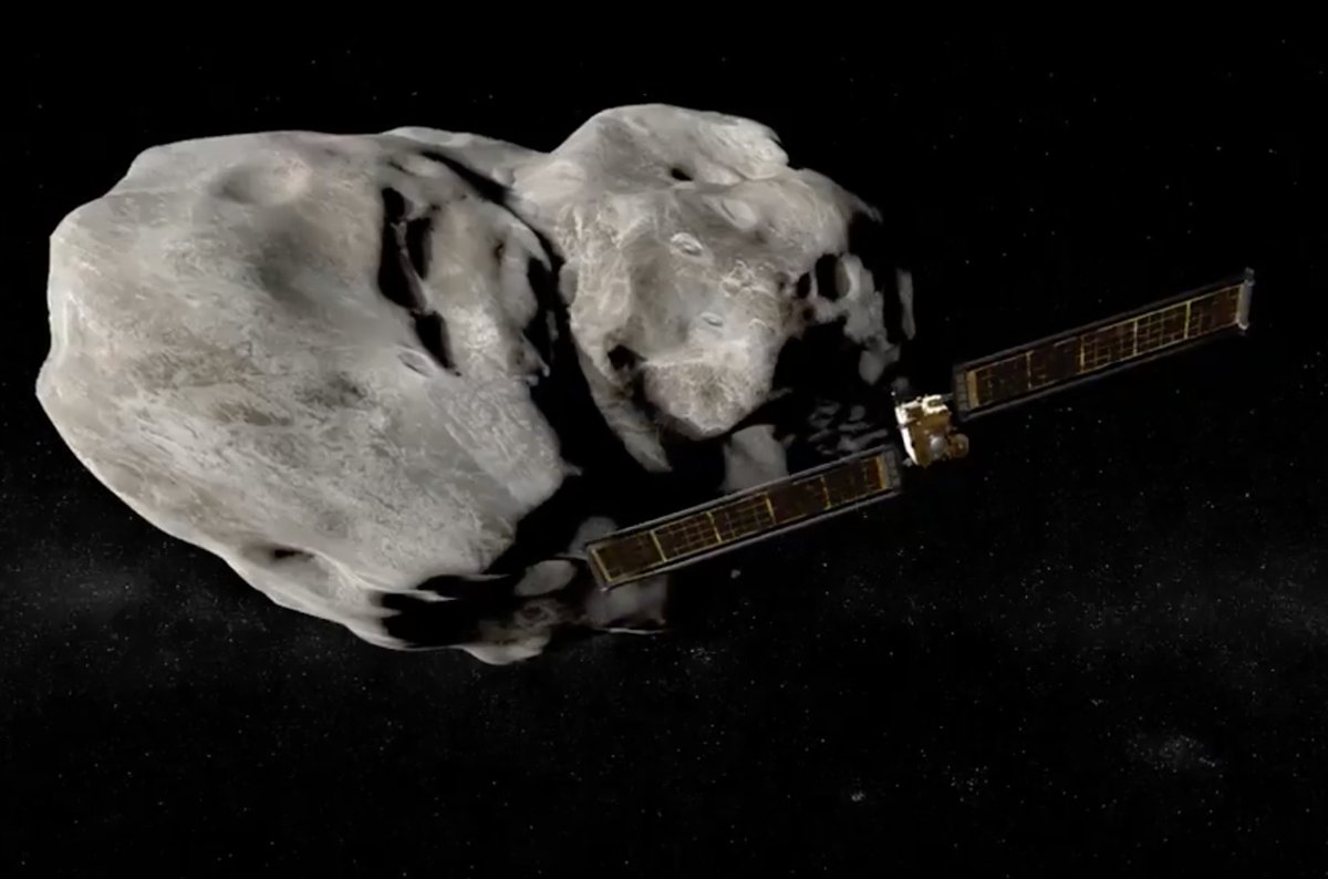 illustration of spacecraft approaching an asteroid in space