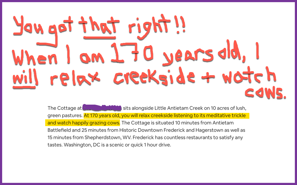 LeslieO's tweet photo. I'm not sure I'll make it to 170, but if I do, I now know how I'll be spending my birthday: enjoying meditative creek trickle and happy, grass-chomping cows. Um, yay?
#grammar
#grammarfun
#plainlanguage
#Danglingmodifier https://t.co/OZA6GEhM1q