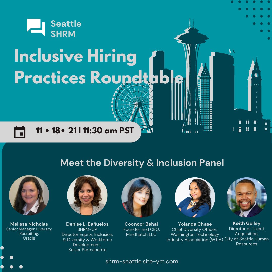 Coonoor Behal joins the incredible panelists of Seattle SHRM's Diversity and Inclusion Roundtable on November 18, 2021.  To learn more about the Seattle SHRM community and this event, visit ow.ly/RCL750GPyUy #shrm #inclusion #diversityandinclusion #inclusionmatters