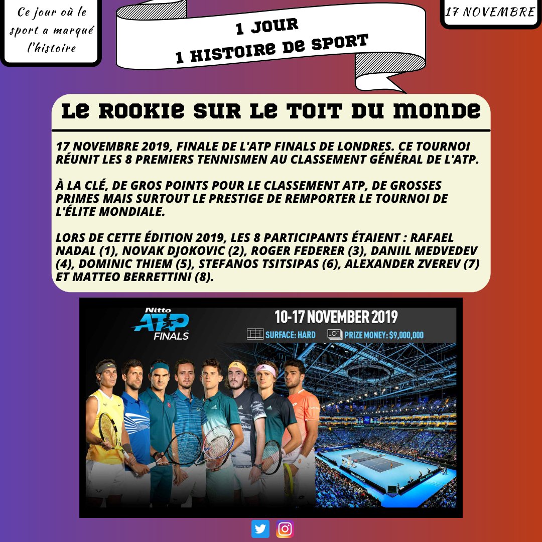 1Histoire2Sport's tweet photo. Il y a deux ans avait lieu la finale de l'ATP Finals 2019 de Londres, réunissant la crème du tennis mondial. Replongeons-nous dans cette édition pleine de rebondissements !🏆🎾

N'oubliez pas que l'édition 2021 de l'ATP Finals a débuté depuis peu et se terminera le 21 Novembre ! https://t.co/zPYafjCwsP