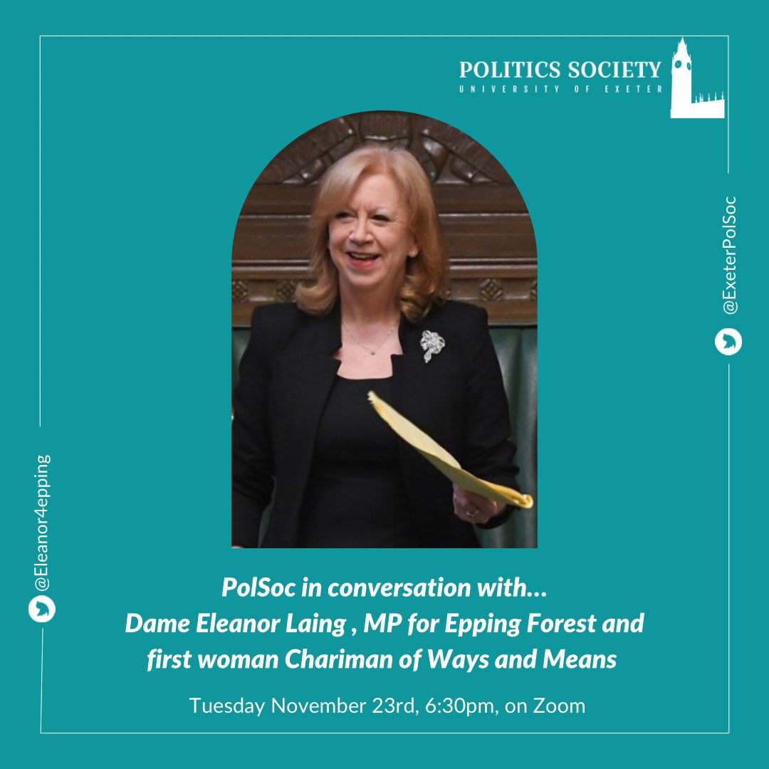 PolSoc presents…

🧠 PolSoc in conversation with @eleanor4epping Conservative MP for Epping Forest and first woman chairman of ways and means. 🧠

On Tuesday the 23rd of November at 6:30pm we will be joined by Dame Eleanor Laing over zoom (Link in bio).