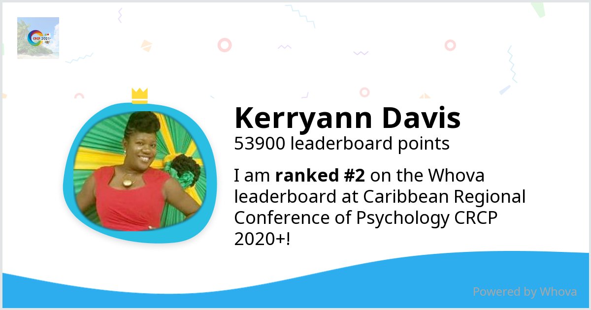 kerry_merry's tweet photo. I ranked #2 on the Whova leaderboard at Caribbean Regional Conference of Psychology CRCP 2020+! #crcp2020plus #crcp #caribbeanpsychology #canpa - via #Whova event app #crcp2020plus #crcp #caribbeanpsychology #canpa https://t.co/4TnoQ3JBqq