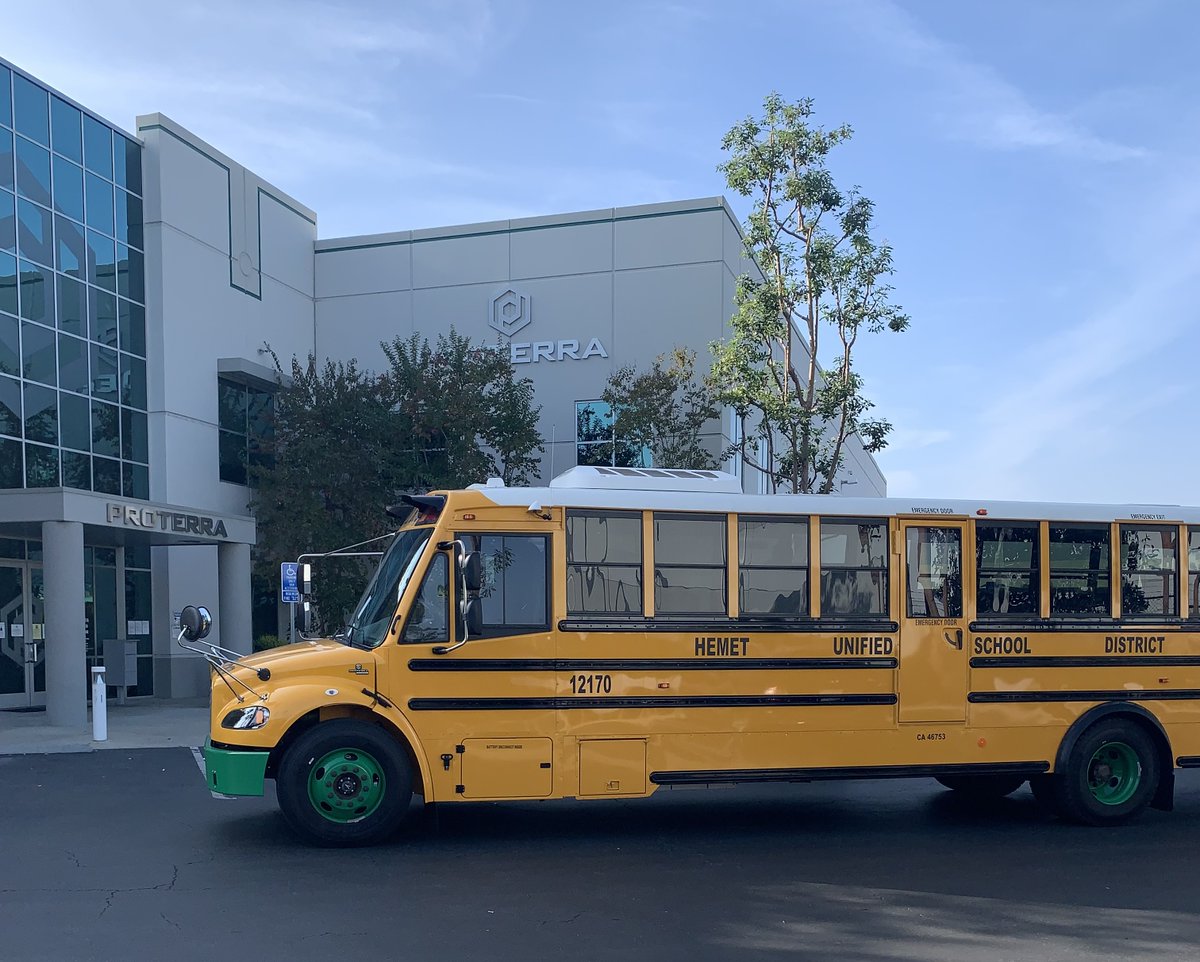 ThomasBuiltBus's tweet photo. The @HemetUSD is now powered by @Proterra_Inc! One of Hemet’s Saf-T-Liner C2 Jouleys took a trip over to a Proterra battery factory in City of Industry, CA. We’re excited about Jouley’s electrifying future in California & beyond! #PoweredbyProterra #AllElectric #Jouley #BusWest https://t.co/m5Ogro1Xoz
