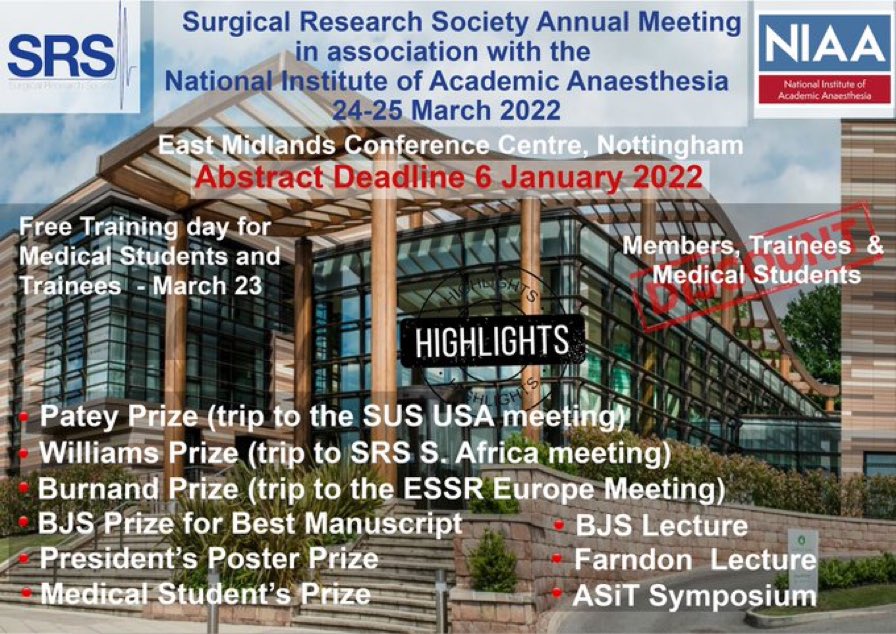 SAVE THE DATE! Looking forward to welcoming everyone with an interest in surgical research to Nottingham in March 2022