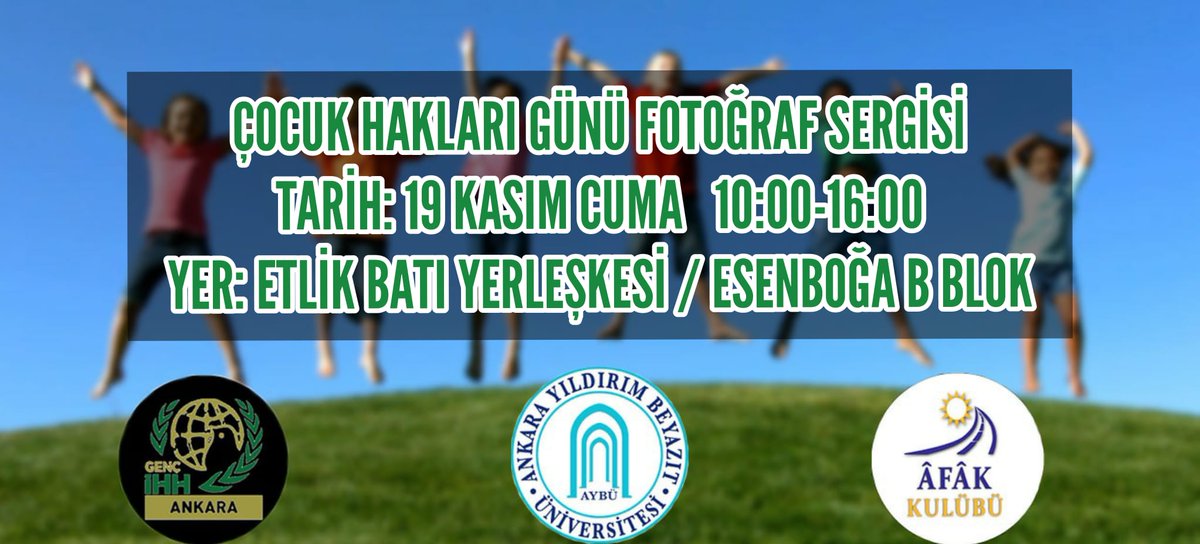 "Çocuklar bugünün yarını, yarının umududur"

Dünya Çocuk Hakları Günü dolayısıyla 19 Kasım Cuma günü <a href="/aybugencihh/">AYBÜ Genç İHH</a> ile birlikte düzenleyeceğimiz fotoğraf sergimize hepinizi bekliyoruz 💌 🤗 🥳 ✨
#dünyaçocukhaklarıgünü