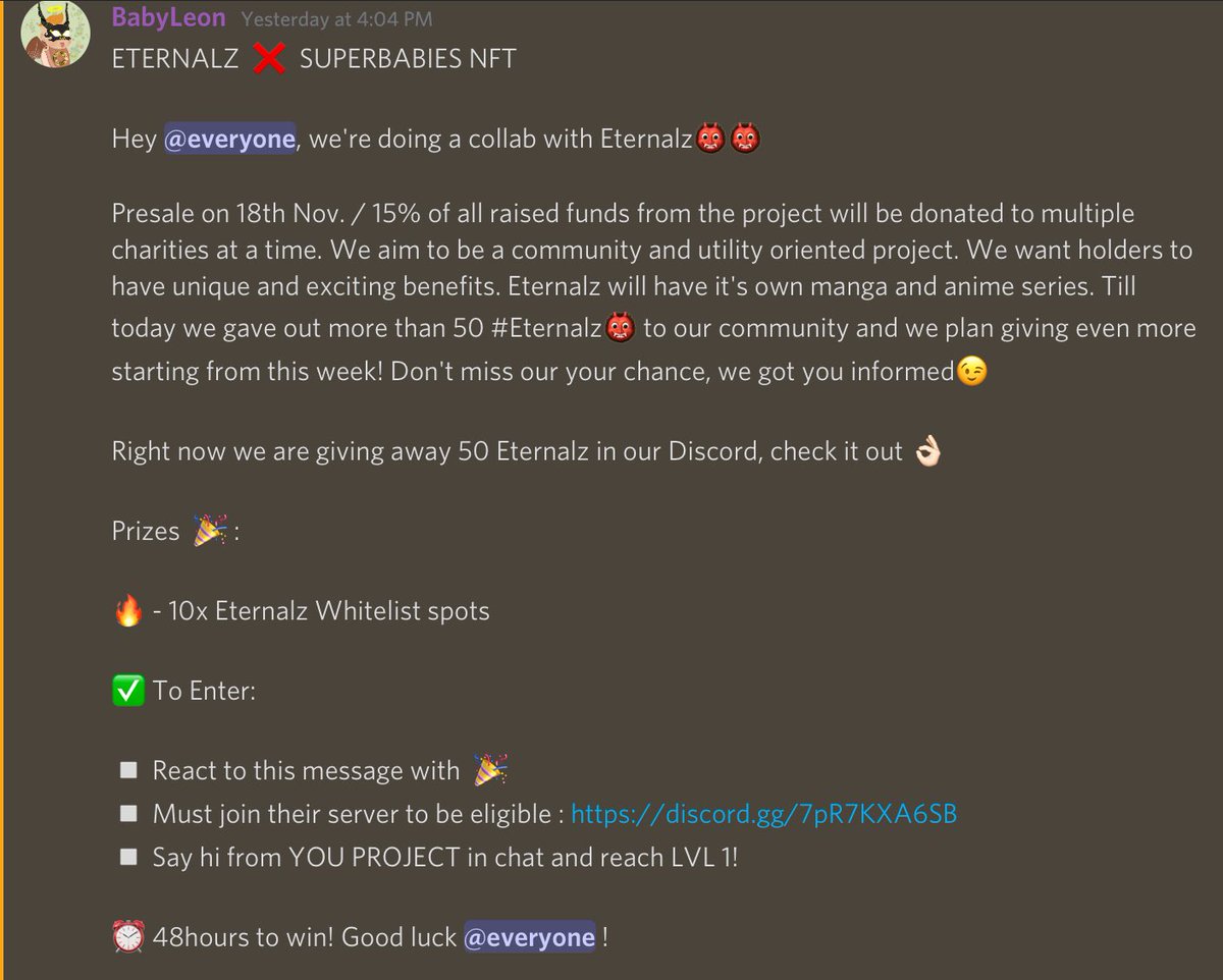 Collab Whitelisting🔥

We have partnered with eternalz to give 10 whitelisting spot to our community, join our discord &amp; get a chance to get whitelised👀

discord.gg/tWETSvFRAS

#NFTgiveaway #NFTs #NFTwhitelisting #collaboration