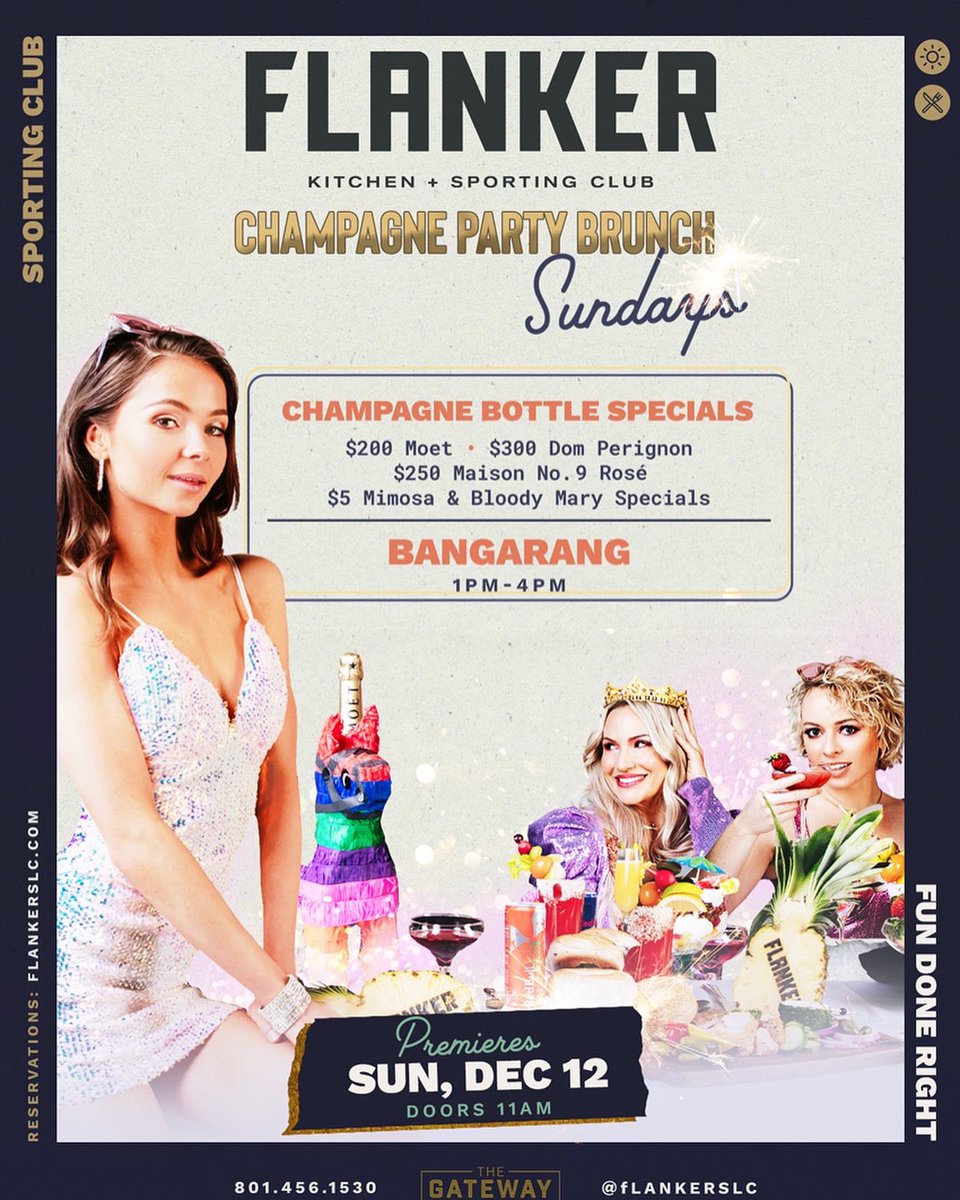 flankerslc's tweet photo. Brunch done right only at our new Champagne Brunch Parties every Sunday with sound by @BangarangTheDj at @atthegateway!
Specials on Champagne Bottles & by the glass - visit the website today, make a reservation before it sells out!
#BrunchDoneRight
#FunDoneRight
#SLCNightLife https://t.co/KvgmHrSO89