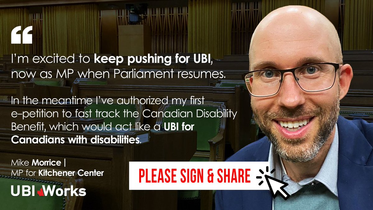 ubi_works's tweet photo. Kitchener Centre MP @morricemike just introduced a House of Commons Petition to fast track the Canada Disability Benefit, which would 'act like a UBI for Canadians with disabilities'.

Show Mike your support for Basic Income and sign the petition today!
https://t.co/VUeuOg1bIA https://t.co/8g7ZHBGGqj