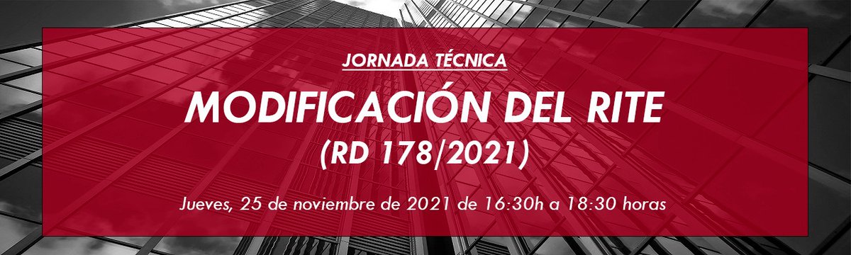 COAATIEALMERIA's tweet photo. ¡¡Recuerda!! El colegio organizado para el próximo día 25 de noviembre la Jornada Técnica: 'Modificación del RITE (RD 178/2021), en horario de 16:30h a 18:30h, por videoconferencia. Para más info, contacta con el Colegio.
#arquitectotecnico #ingenieroedificacion #ConectAT https://t.co/p2UIqqlSx2