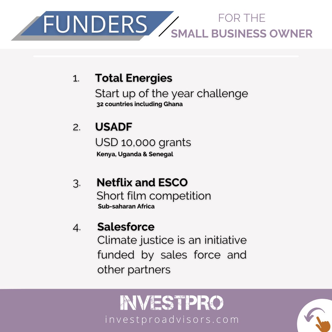 Investpro_gh's tweet photo. Following our grant episode of our #tipthescale podcast yesterday, we have compiled a list of #funders that are currently taking #applications.

Look into them and hopefully you find one that fits your business needs
Good luck🥂 https://t.co/hZoFjqrDx6