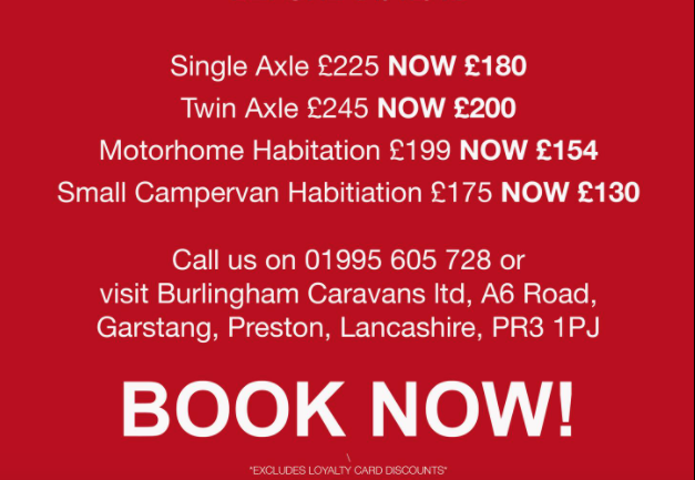 Burlinghams12's tweet photo. SERVICE OFFER FOR TOURING CARAVANS, MOTORHOMES &amp; CAMPERVANS.
Service special offer for November &amp; December carried out by Friday 17th December 2021.
To book in please call 01995 605728 or message us.
https://t.co/cxYXvmVPRG
#Caravan #caravanclub #caravanning https://t.co/WOEheFDqqv
