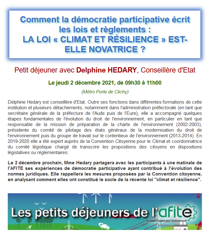AFITE on Twitter: "L'AFITE invite le 2 décembre prochain Madame Delphine  HEDARY, conseillère d'Etat, à l'occasion d'un petit déjeuner consacré à la  démocratie participative et à l'élaboration de la Loi « climat