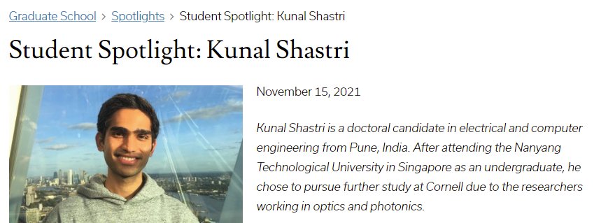FMResearchGroup's tweet photo. Nice "Student Spotlight", by the Cornell University Graduate School @CornellGrad, on my PhD student, Kunal Shastri, and his recent research on #meta-optics! 
@CornellECE @CornellEng 

https://t.co/UGUaJWPMJ0 https://t.co/moxFFOaP3x