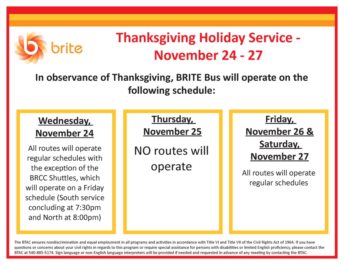 BRITEbus's tweet photo. Make sure you are award of our holiday service schedule next week! #britebus #Thanksgiving https://t.co/lA1ndhDQAY
