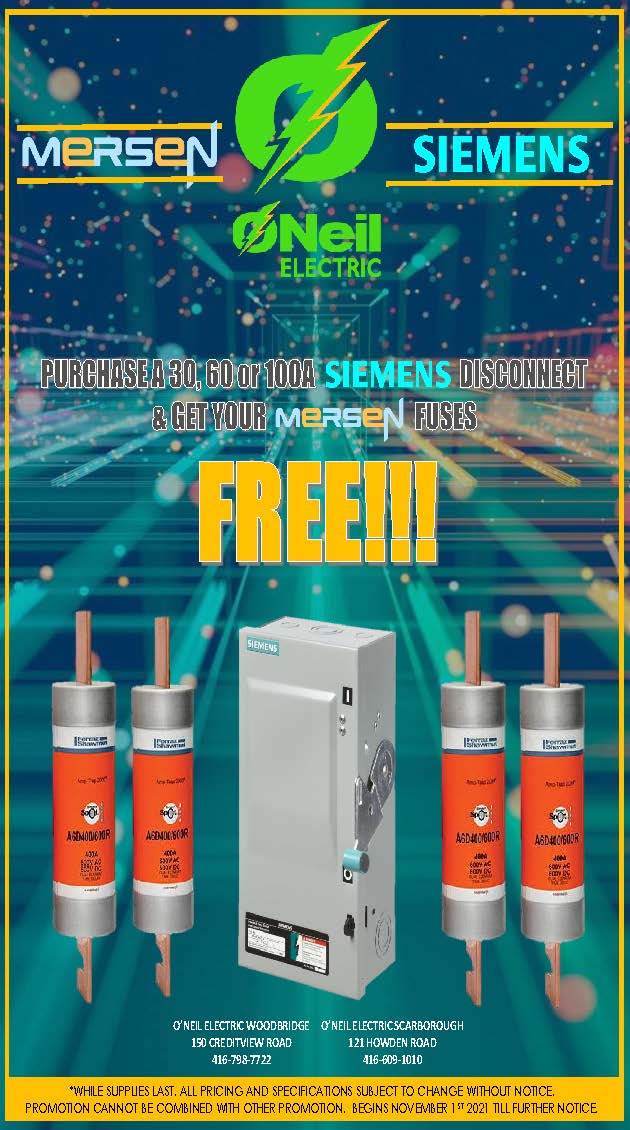 ONEILELECTRIC's tweet photo. Purchase a 30, 60 or 100A Siemens disconnect and get your Mersen fuses for free!
@Siemens #Promo #Deal #event #Fuses #Disconnect #Lighting #Electrical #Wholesale #Distribution #Toronto #Woodbridge #Scarborough #GTA #Vaughan #ONeil #ONeilElectric https://t.co/bAIew4fDDv