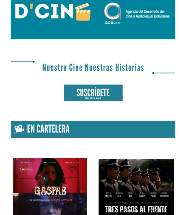 adecinebolivia's tweet photo. #ADECINE-Lo más actualizado en #CineBoliviano lo  encuentras en nuestro boletín ¨D'Cine¨, un publicación que te llegará vía correo electrónico. 
https://t.co/bnVvu7Ehqv...
Para que tengas acceso al boletín puedes suscribirte en:  https://t.co/3W6RI5dmQk https://t.co/LVw5dJ2Lg5