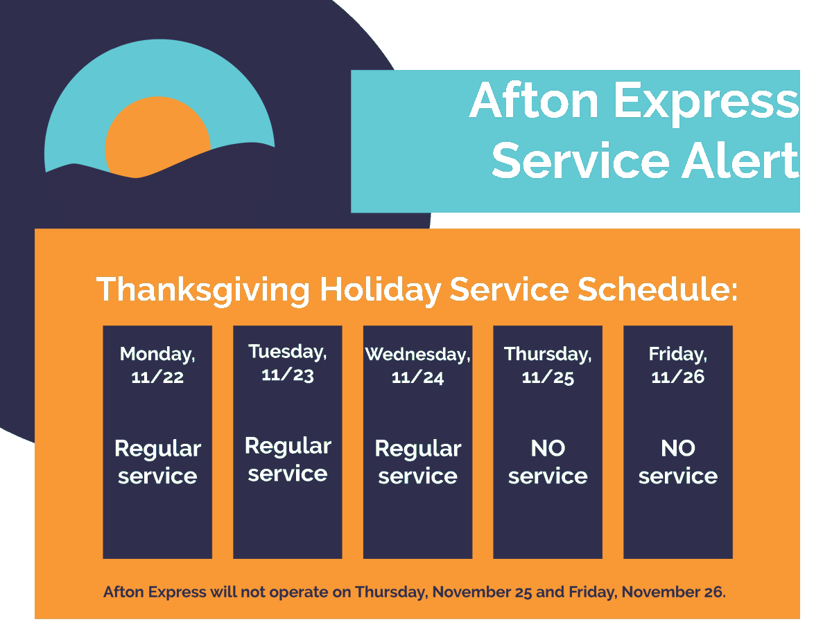 AftonBus's tweet photo. Make sure you are aware of our holiday service schedule next week! #aftonexpress #Thanksgiving https://t.co/8nU6xnJrZe