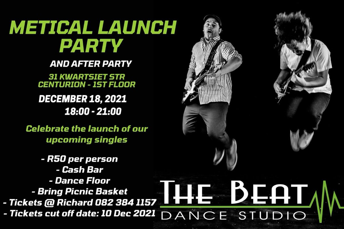 MeticalP's tweet photo. 🟢 ANNOUNCEMENT 🟢
Come and enjoy an evening with Metical on December 18th! 

🟢 Book your tickets now 🟢
Send “Booking” + your Name on WhatsApp to Richard on 082 384 1157 or to Mark on 073 860 316

🟢 Let’s Rock Out 2020! See you there! 🟢 https://t.co/26fmJZJ2Zb