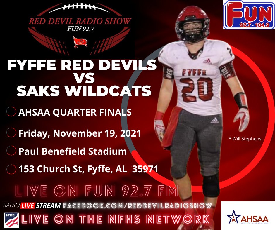 Red Devil Radio Show 🏈🎙📻 (@reddevilsfun927) on Twitter photo ROUND 3 OF THE AHSAA PLAYOFFS kicks off this Friday night at Paul Benefield Stadium! <a href="/FUN927/">Great fun</a> <a href="/AHSAAUpdates/">AHSAA</a> <a href="/ahsaaradio/">AHSAA Radio Network</a> <a href="/NFHSNetwork/">NFHS Network</a> ROUND 3 OF THE AHSAA PLAYOFFS kicks off this Friday night at Paul Benefield Stadium! <a href="/FUN927/">Great fun</a> <a href="/AHSAAUpdates/">AHSAA</a> <a href="/ahsaaradio/">AHSAA Radio Network</a> <a href="/NFHSNetwork/">NFHS Network</a>