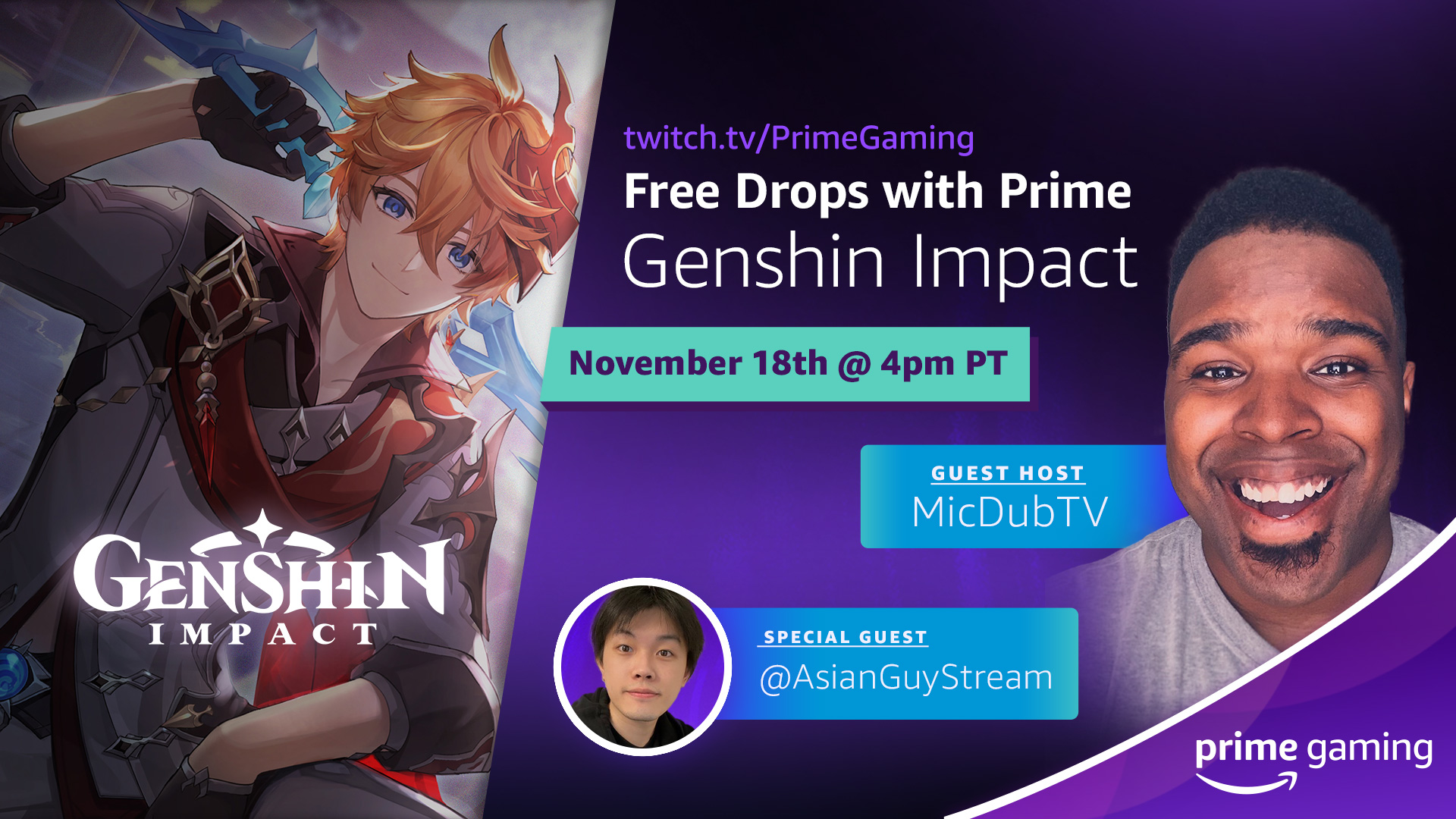 Prime Gaming - MicDubTV & AsianGuyStream are ready to take on the  challenges and mysteries of Genshin Impact! They'll be LIVE tomorrow at 4  pm PT on Prime Gaming Insider show exploring