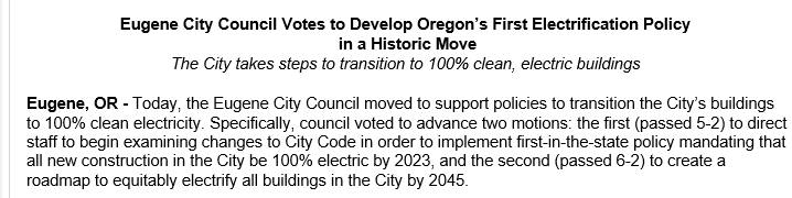 Jeffmapes's tweet photo. A big move away from natural gas: Eugene City Council votes to move toward all-electric homes. Sierra Club says this is a first for the state: https://t.co/V49eSxa8UT