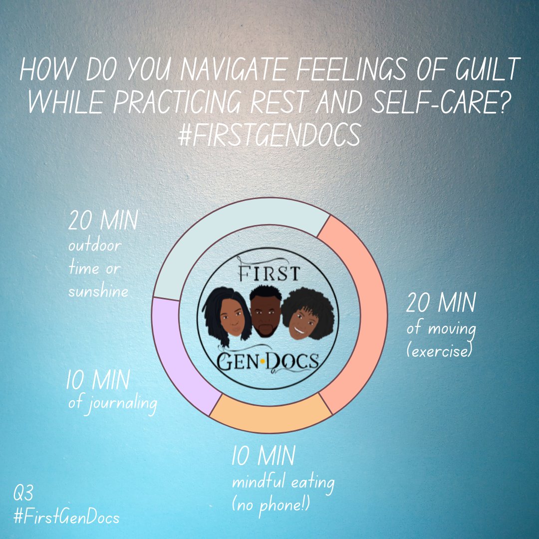 firstgendocs's tweet photo. Q3: How do you navigate feelings of guilt while practicing rest and self-care? #FirstGenDocs https://t.co/N7U1zKM7y4