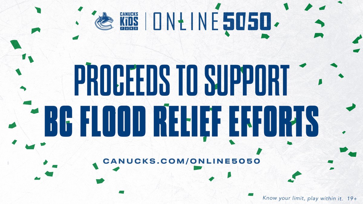 Canucksforkids's tweet photo. Tonight, all of our 50/50 proceeds will support BC Flood relief efforts. We are a strong province, and together we can help out our neighbors💙💚

Buy your 50/50 tickets here: https://t.co/AZGssElAGl

Must be 19+ and located in BC at time of purchase. https://t.co/57qUnsAcaE