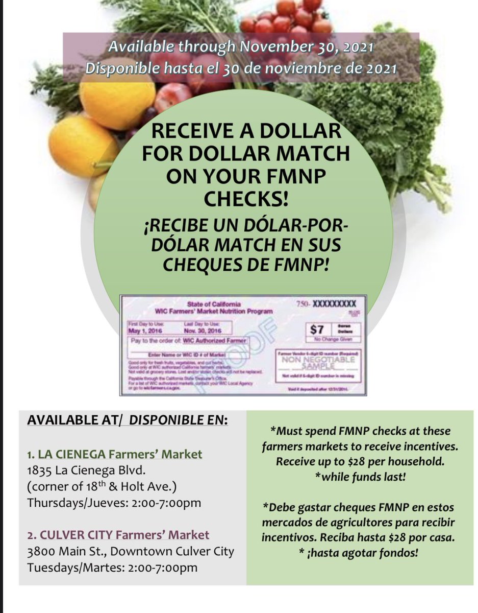 Reminder: November is the last month for WIC customers to match their $7 FMNP checks as they will expire on November 30. <a href="/PhfeWic/">PHFE Women, Infants, and Children (WIC)</a> 
#wic #lacienegafarmersmarket #farmersmarketnutritionprogram