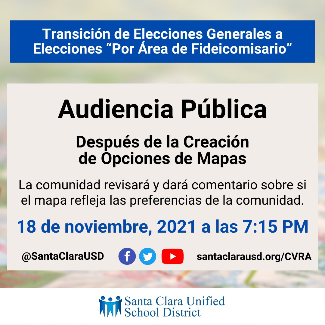 We invite the community to review and provide feedback on whether the map of boundary lines for the transition from at-large elections to “by-trustee” area elections reflects the community’s preferences. For more information, visit bit.ly/2WLvVvJ