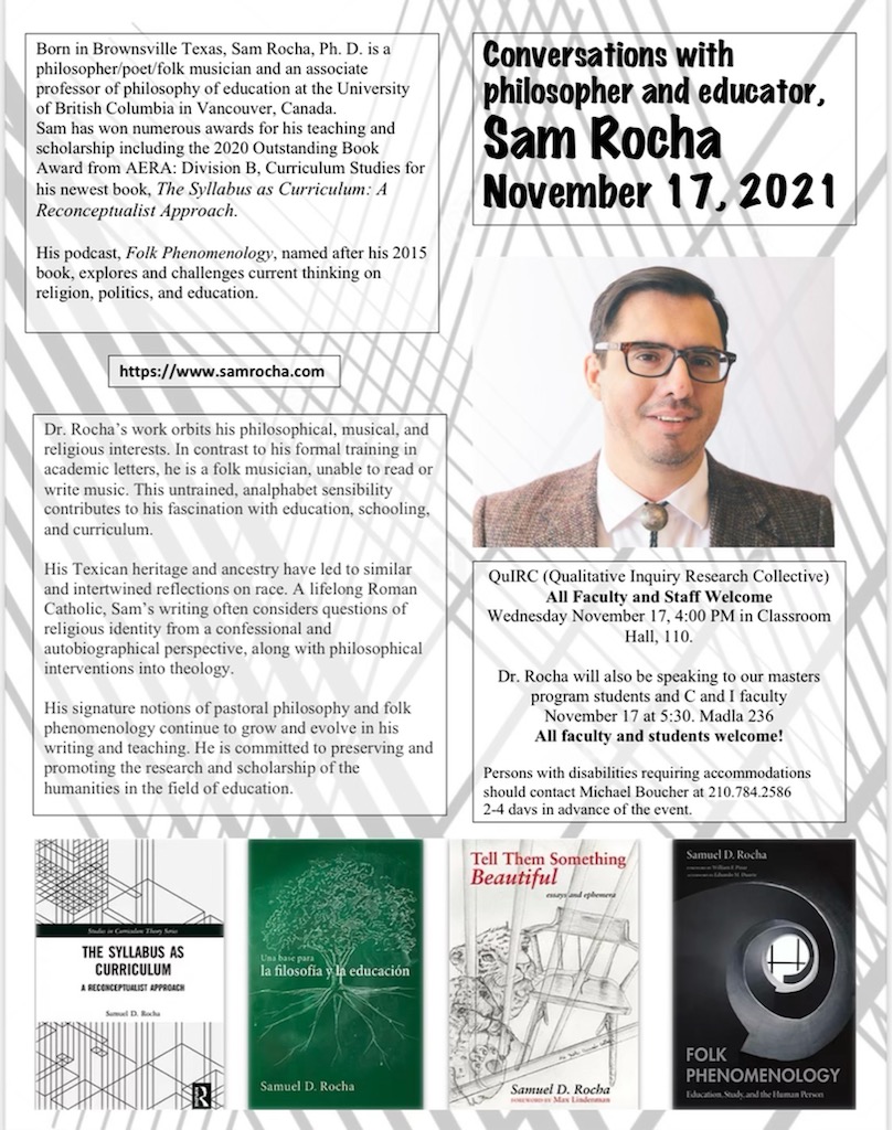 TAMUSACI's tweet photo. Education philosopher, poet, folk musician, &amp; professor, Dr. Sam Rocha presented to a packed house of C&amp;I graduate and undergraduate students tonight. Thank you for the engaging conversation! https://t.co/gXIbpu7KQk