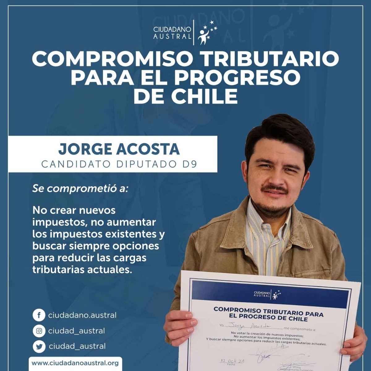 ciudad_austral's tweet photo. El siguiente candidato a diputado en firmar el 𝐂𝐨𝐦𝐩𝐫𝐨𝐦𝐢𝐬𝐨 𝐓𝐫𝐢𝐛𝐮𝐭𝐚𝐫𝐢𝐨 𝐩𝐚𝐫𝐚 𝐞𝐥 𝐏𝐫𝐨𝐠𝐫𝐞𝐬𝐨 𝐝𝐞 𝐂𝐡𝐢𝐥𝐞 de Ciudadano Austral, en el distrito 9 es @DocJorgeAcosta

Invitamos a los demás candidatos a firmar el #CompromisoTributario⁠ https://t.co/uVjIfGtPXb