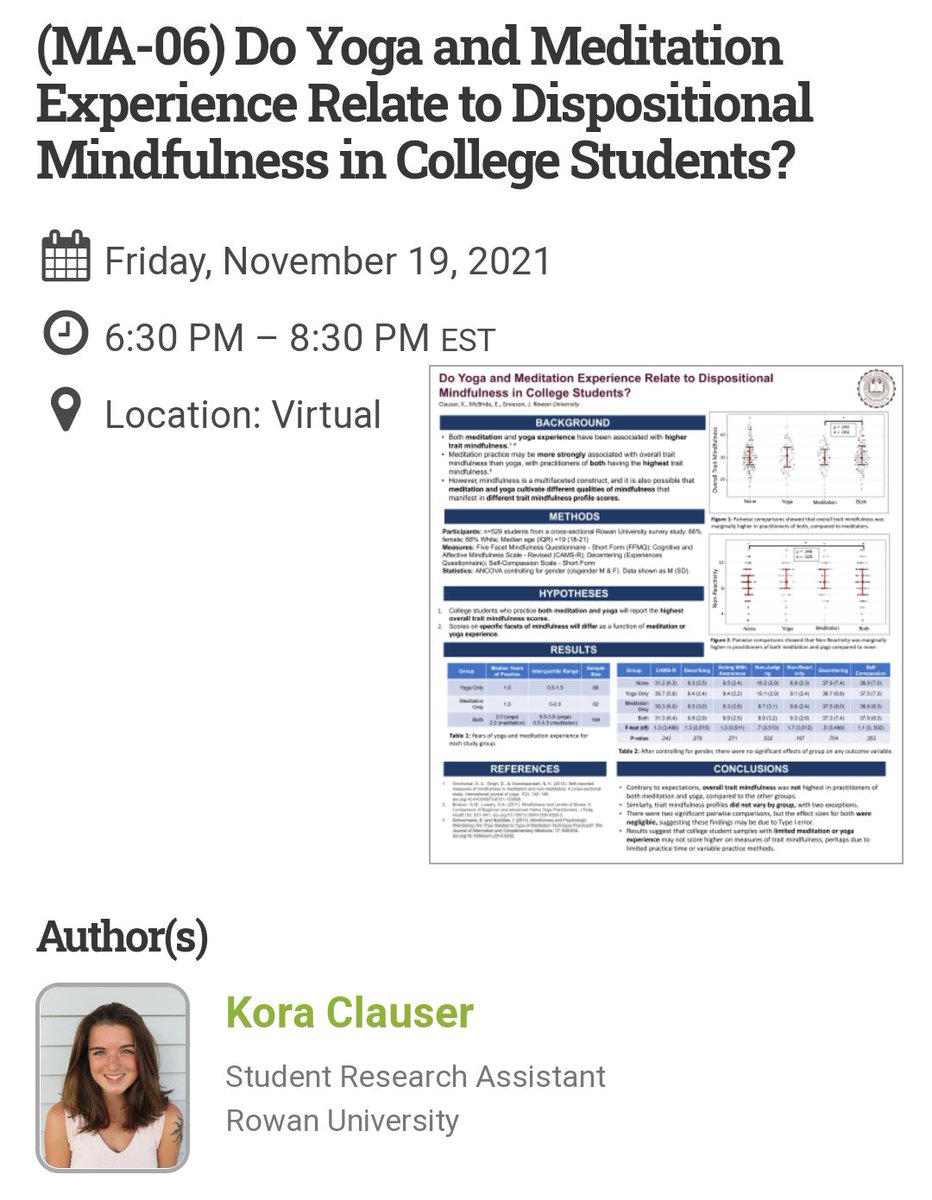 mindfulnesslab's tweet photo. CONGRATS to #Mindfulness Lab undergraduate senior, Kora Clauser, on her 1st conference poster presentation at #ABCT2021! @ABCTNOW @RowanPsych @ResearchAtRowan @RowanUniversity @EmmaMcBride_RU @NihaoChin_A @ChingNihao #psychology #healthpsychology #meditation #yoga #collegestudent https://t.co/PKlV7DJxyL