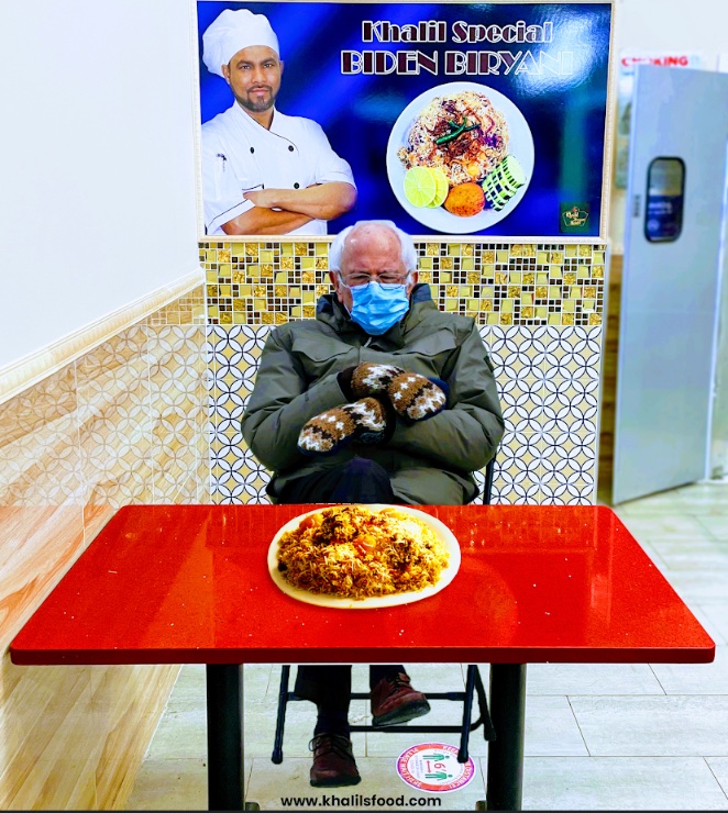 Man, I love Bangladeshi restaurants in the Bronx! The owner of a local spot called Khalil Biryani is an expert in marketing—introduced Biden biryani when Biden won &amp; then this inauguration graphic 😆 Bernie eating Biden + other rich millionaires &amp; billionaires - a sweet metaphor