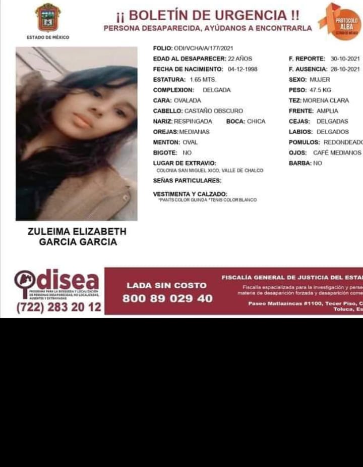Fenix_Mujica's tweet photo. Ayudame a buscarla. 
Zuleima Elizabeth García García 
Es familiar de un amigo. 
#Desaparecida #Desaparecidos
#DesapariciónForzada
#TeBuscamos #Retweet 
@botDesaparecidx https://t.co/3Dql6wR2fw