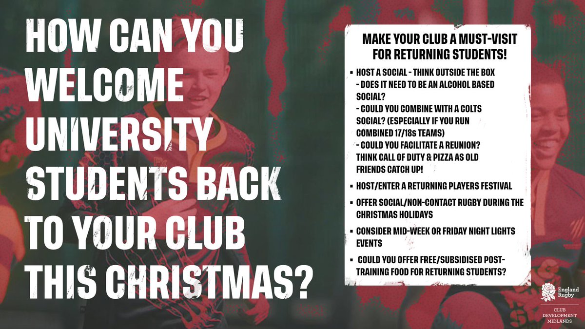 Wondering how you can encourage returning students back to your club after university? Why not start by welcoming them back for the holidays! We've shared some handy hints on how to make your club the place to be for returning students! 👇👌 #rugby #students @EngRugbyUnis