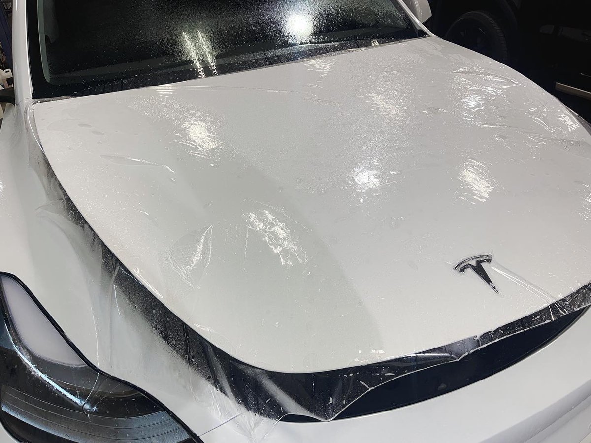 MingShineCo's tweet photo. Tesla Model Y came in for an entire front-end paint protection film (PPF) package! 

Hoods are highly susceptible to getting road debris and rock chips, ruining the paint. Applying PPF saves you money in repairs in the long run and helps preserve your vehicle. 
#yeg #yegtraffic https://t.co/hOtyZd1WaJ