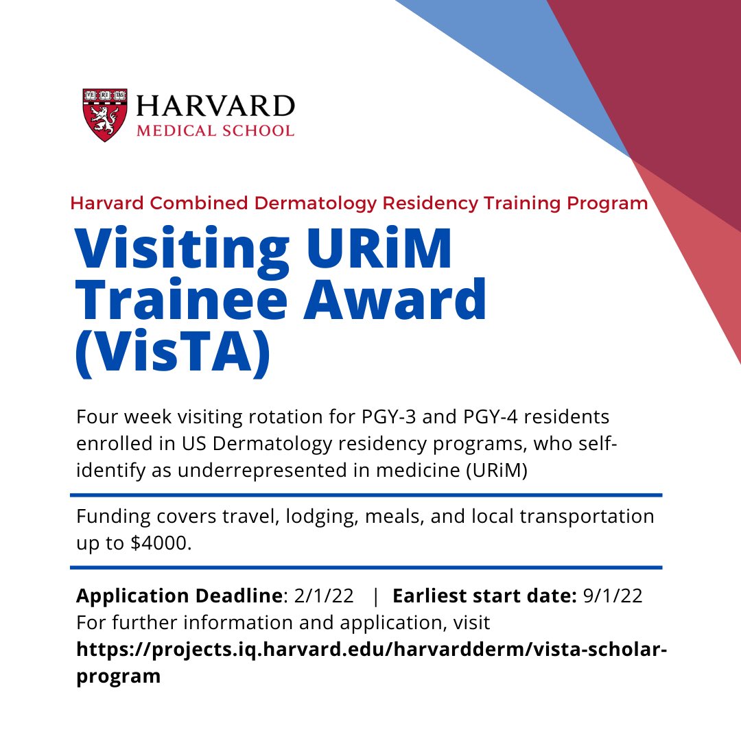 On behalf of the Harvard Dermatology Program, we are excited to announce a new award to support URM dermatology residents who want to spend a month with us at Harvard! 

For more details, please see: projects.iq.harvard.edu/harvardderm/vi…

#dermtwitter #medtwitter #meded