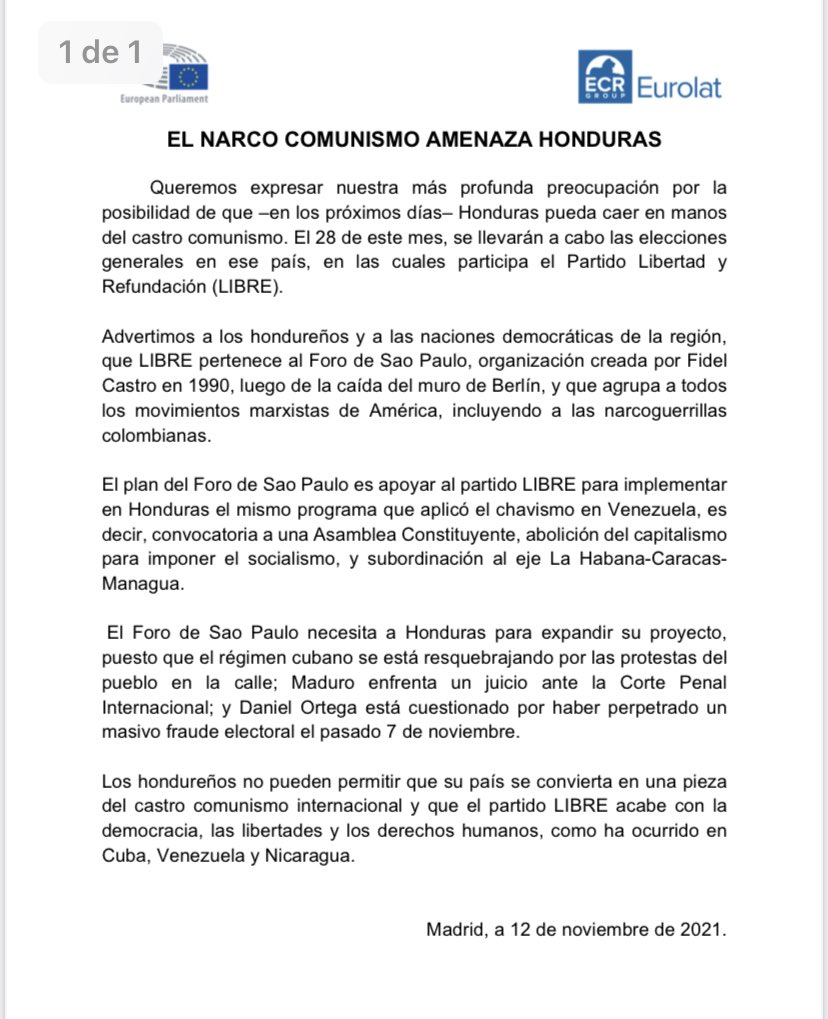 hermanntertsch's tweet photo. Comunicado del Grupo Euro-Lat del ECR en el Parlamento de Europa sobre las elecciones en Honduras al que se están uniendo parlamentarios de otros grupos..
Votar en Honduras u otro país a partidos o candidatos del Foro de Sao Paulo aumenta la amenaza comunista para la democracia. https://t.co/H2rFVH8i03
