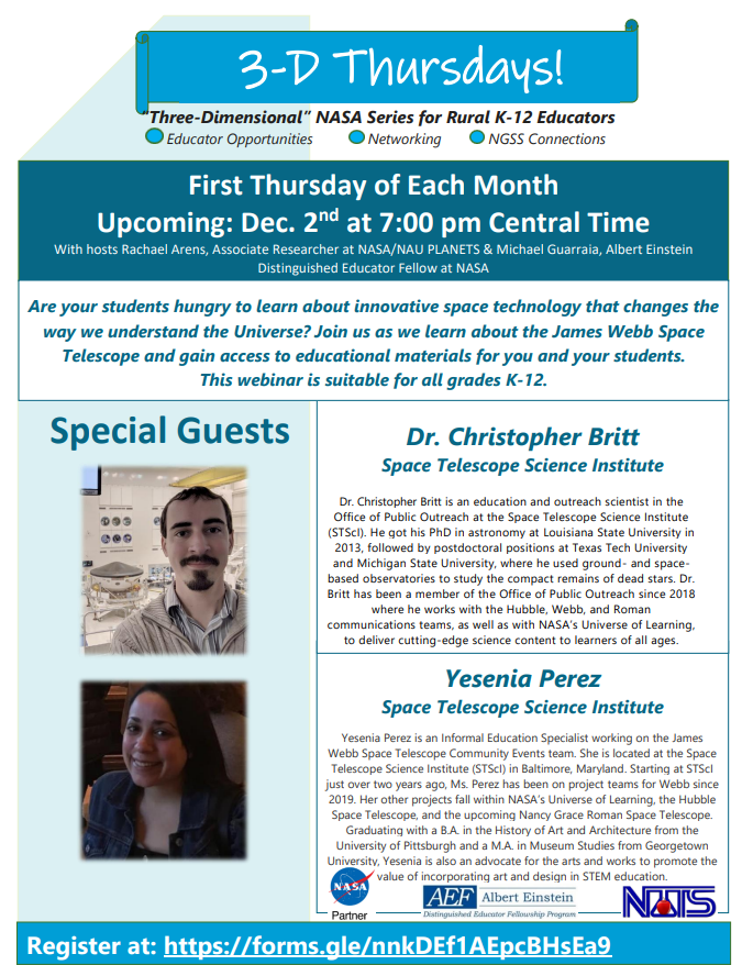 ArensRachael's tweet photo. Educators! Sign up for our next 3D Thursday episode on Dec 2, 7pm CT to dive into the science behind the James Webb Space Telescope and explore some @NASA educator resources related to this upcoming telescope launch!🚀🪐Register at: https://t.co/GugV8SG38c
#rural @AEF_Program https://t.co/o41K1MgYhp