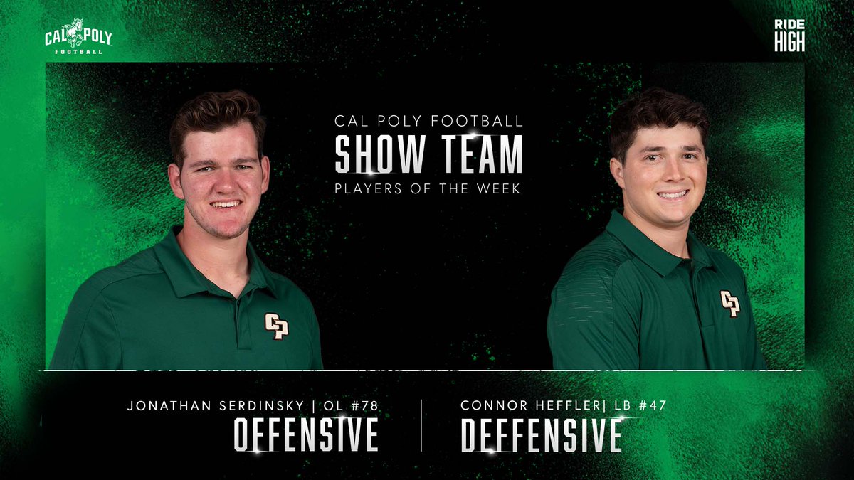 calpolyfootball's tweet photo. Our Show Team of Week 10! Congrats to both of you!

OFF: @jserdinsky_78 
DEF: @Connor_Heffler https://t.co/o1hZAsZaMm