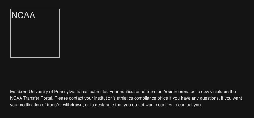Ray_Harvey_'s tweet photo. Thank you Edinboro University for giving me the opportunity to showcase my talent and with that being said I will be entering the transfer portal with 3 years of eligibility, looking forward to continuing my athletic and academic career. Recruitment is 100% open!! https://t.co/nQ4t5GWkbx