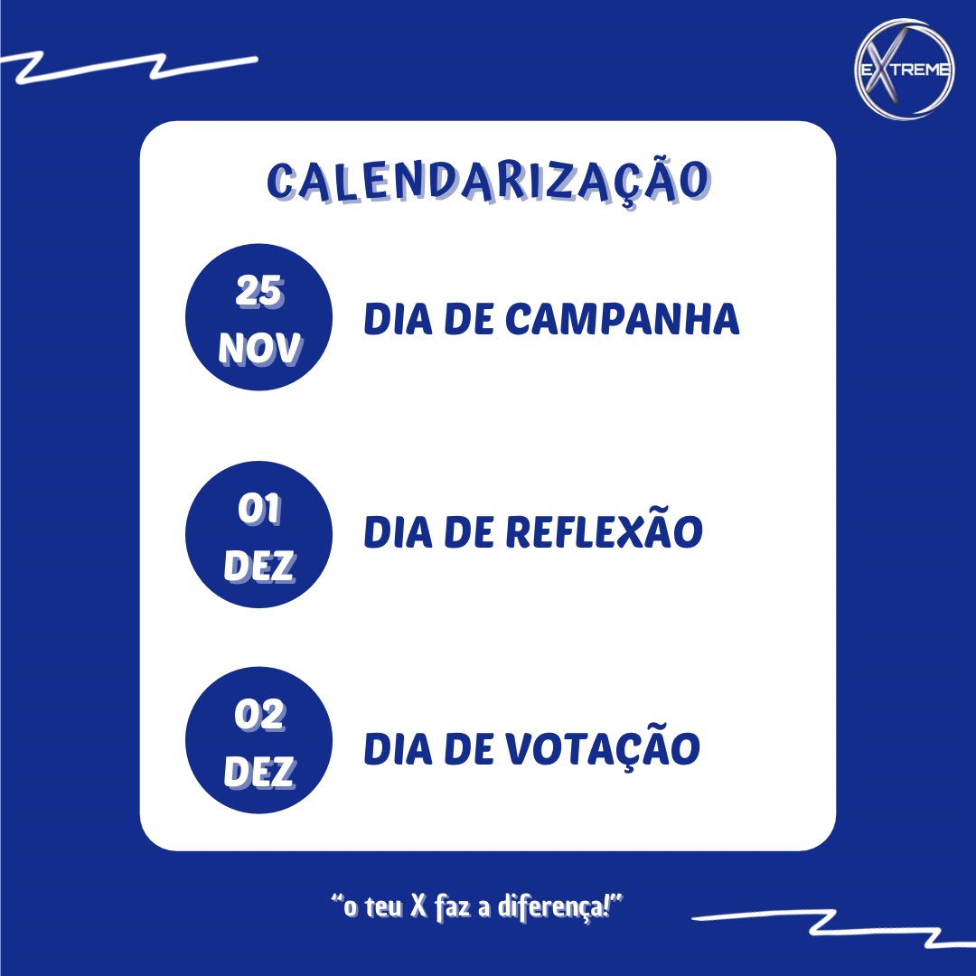 listax_esgc's tweet photo. O grande dia está a chegar!🤩 

Aqui ficam as datas do dia de campanha da nossa lista, do dia de reflexão e do tão importante dia de votação!
Contamos contigo para tornar este ano eXtreme para todos!!💙 

“o teu X faz a diferença”🙌🏻 https://t.co/JLjk8Iq4a9