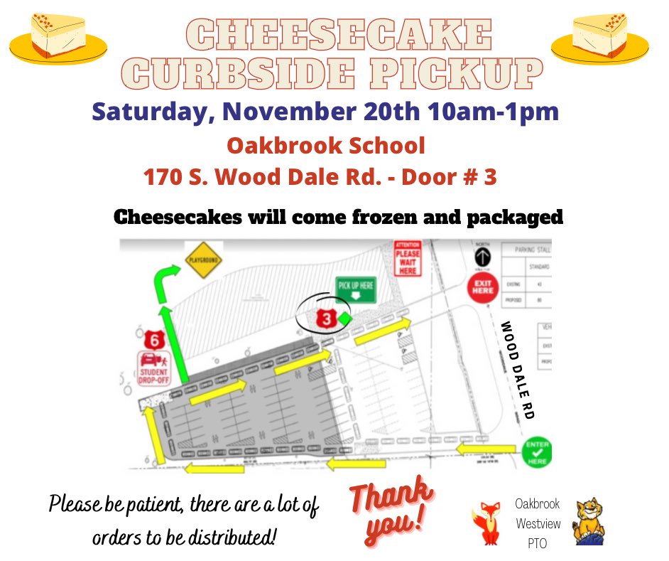 PTO_OB_WV's tweet photo. 🍰 Cheesecake pick up is this Saturday!
🍰 All orders must be picked up at Oakbrook from 10am-1pm. No freezers available to store orders!! https://t.co/0pdbldJYKk